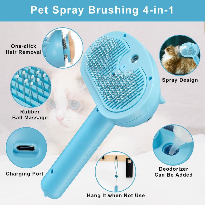 Pet Steam Hair Comb Brush for Shedding, 4 In 1 Spray Brush for Long & Short Haired Cat&Dog, Self-Cleaning Hair Remover with Water Tank And LED Blue Light, Release Button(Blue) - PawsPlanet Australia