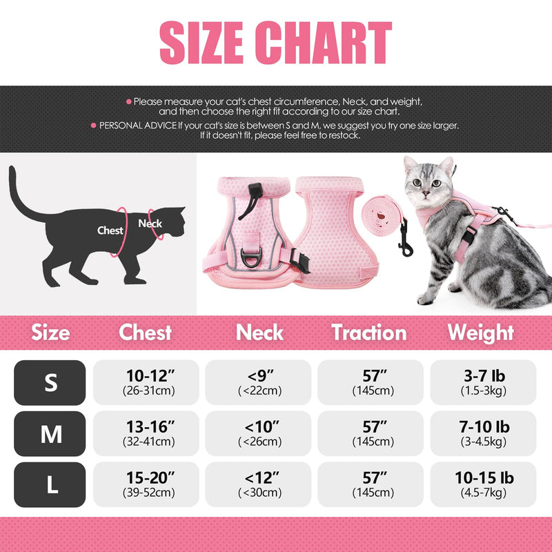 2 Pcs Cat Outdoor Harness and Leash, Escape Proof Adjustable Vest for Pet, Breathable Mesh Reflective Strip Vests, for Most Cats and Samll Dogs (Pink, M) Pink