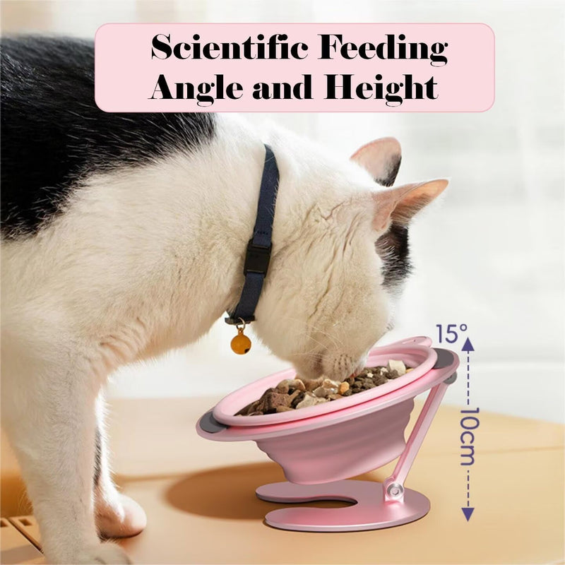 Collapsible Elevated Cat Dog Food Bowl, Portable Raised Pet Food Water Dish, Adjustable Tilted Food Feeder for Indoor Outdoor Cats Dogs, Whisker Friendly Cat Feeding Watering Dish for Travelling pink