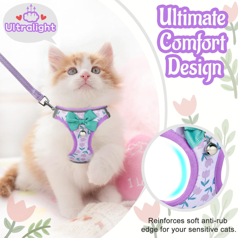 Cat Harness and Leash Escape Proof for Walking, Adjustable Soft Kitten Harness with Reflective Straps Step in Cat Vest Harness for Small Kitten and XS Dogs (Purple, M-Chest(14.5"-16.3")) M-Chest(14.5"-16.3") Purple