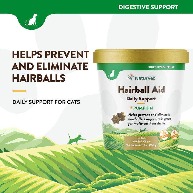 NaturVet – Hairball Aid Supplement for Cats - Plus Pumpkin – Helps Eliminate & Prevent Hairballs – 100 Soft Chews