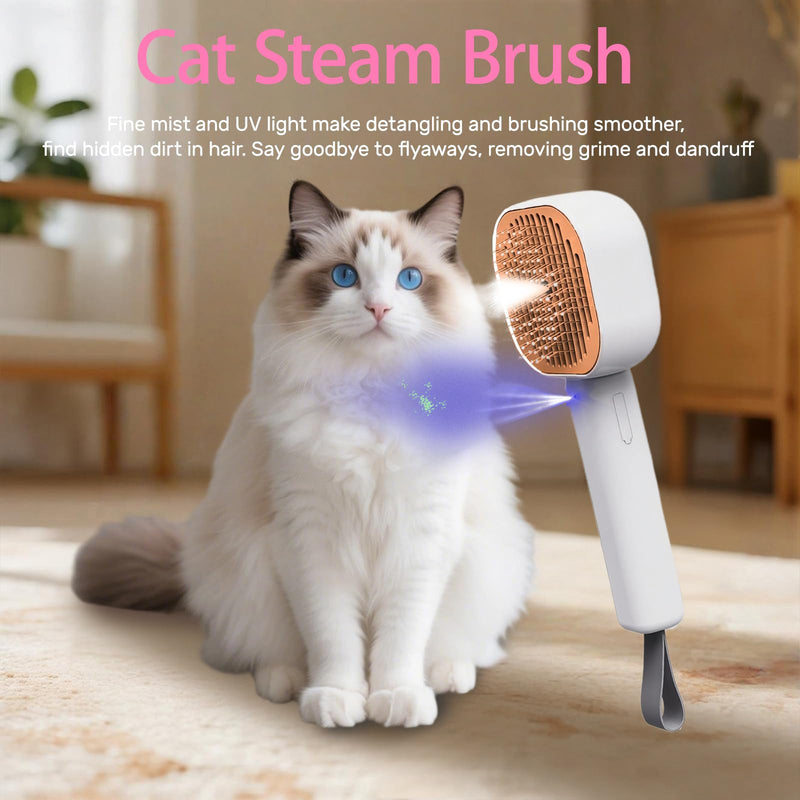 4 in 1 Pet Steam Brush for Cat for Shedding Grooming Massage Self Cleaning, Cat Brush for Long Short Haired Cats, Defur Comb for Kitten Cats Dogs (White Orange) White Orange - PawsPlanet Australia
