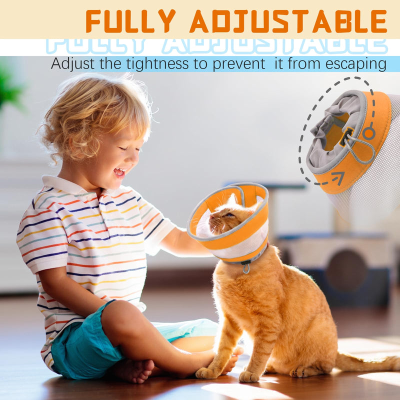 Breathable Air Mesh Cat Cone Collar Soft to Stop Licking, Adjustable, Foldable Lightweight Kitten Cones After Surgery Recovery for Cats & Kittens (Orange, S)