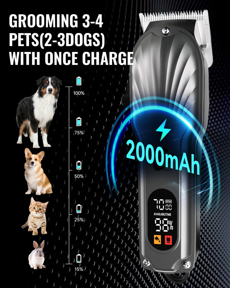 Dog Clippers Professional for Thick Hair, Pet Clippers for Dogs Cordless LED Display Low Noise Rechargeable Dog Trimmer with Grooming Nail Kits Gray