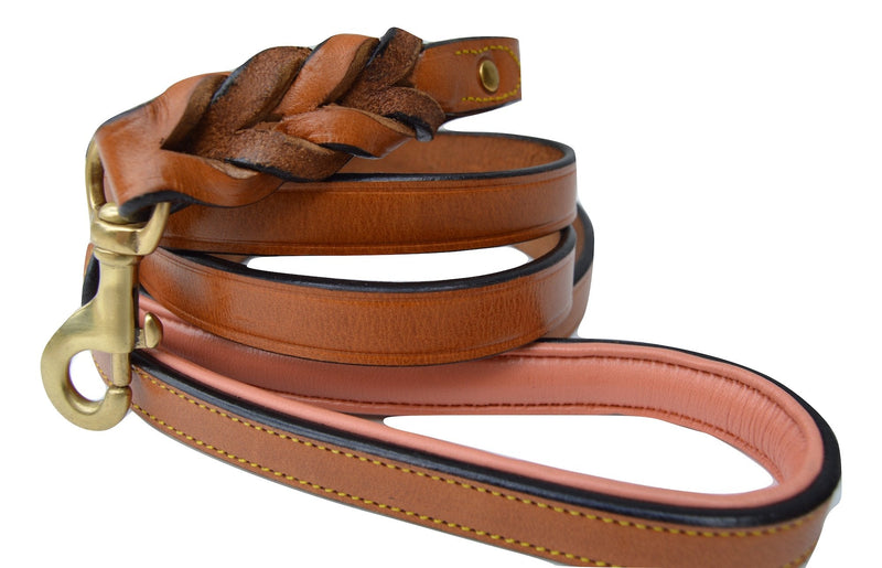 Leather Braided Dog Leash, Tan and Coral, 6 Feet x 3/4 Inch Wide, Genuine Real Leather - PawsPlanet Australia
