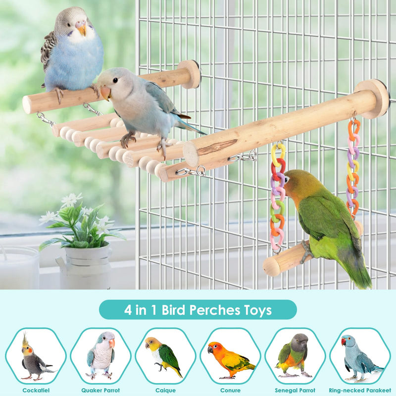 Bird Perches Ladder with Swing, Natural Wood Parrot Climbing Bridge Perch Toys, Exercise Play Stand Parakeet Cage Accessories for Budgie Cockatiel Green-Cheeked Conure Caique 4 in 1