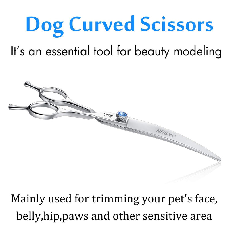 JASON 7" Curved Dog Grooming Scissors, Ergonomic Pets Cats Trimming Shears with Offset Handle and a Jewelled Screw for Right Handed Groomers, Sharp, Comfortable Christmas Gift 7.0"