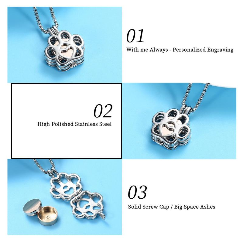 Pet Cremation Jewelry For Ashes For Dog/Cat Paw Stainless Steel Memorial Locket Urn Necklace Inside Mini Case Keepsake Cremation Jewelry Women Men Silver-Rose gold