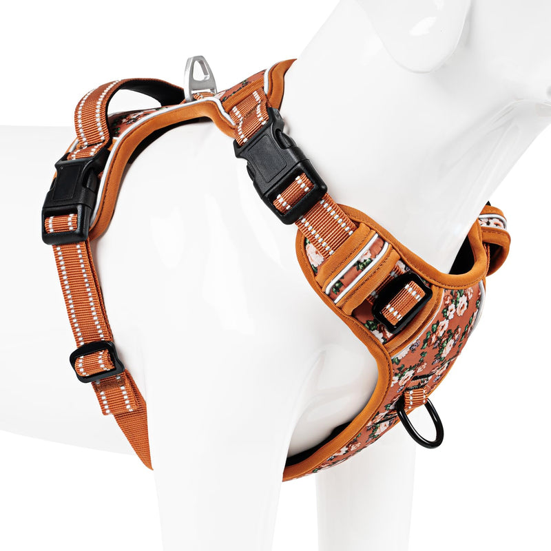 Timos Dog Harness, No Pull Dogs Harness 3 Snap Buckles Adjustable Reflective No Choke Pet Vest for Small Dog with Soft Padded Control Training Handle for Outdoor Training,Flower Orange, S Small (Pack of 1) Normal-Flower Orange - PawsPlanet Australia