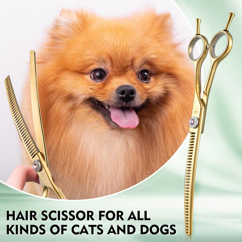 PURPLEBIRD Curved Shears Dog Grooming Chunkers, 7 inch Professional Thinning Scissors Safety Blunt Tip Trimming Scissors for Dogs Cats Face Paws Limbs Japanese Stainless Steel (Yellow) Gold Chunker - PawsPlanet Australia