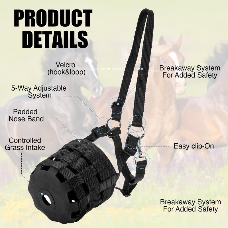 Durable Ventilated Grazing Muzzle with Attached Breakaway Halter - Lightweight Horse Muzzle, Supports Natural Grazing, Restricts Food Intake, Padded Noseband Onyx Black Cob Size