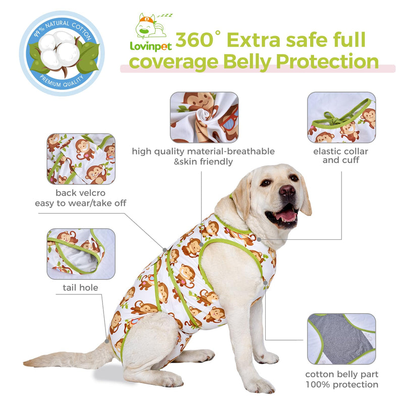 LovinPet Dog Recovery Suit - Medium Large - After Surgery Big Dog Recovery Suit Anti Licking Abdominal Wound Surgical Clothes Post-Operative Vest E-Collar Alternative,Monkey,Green,L Green collar/White - PawsPlanet Australia