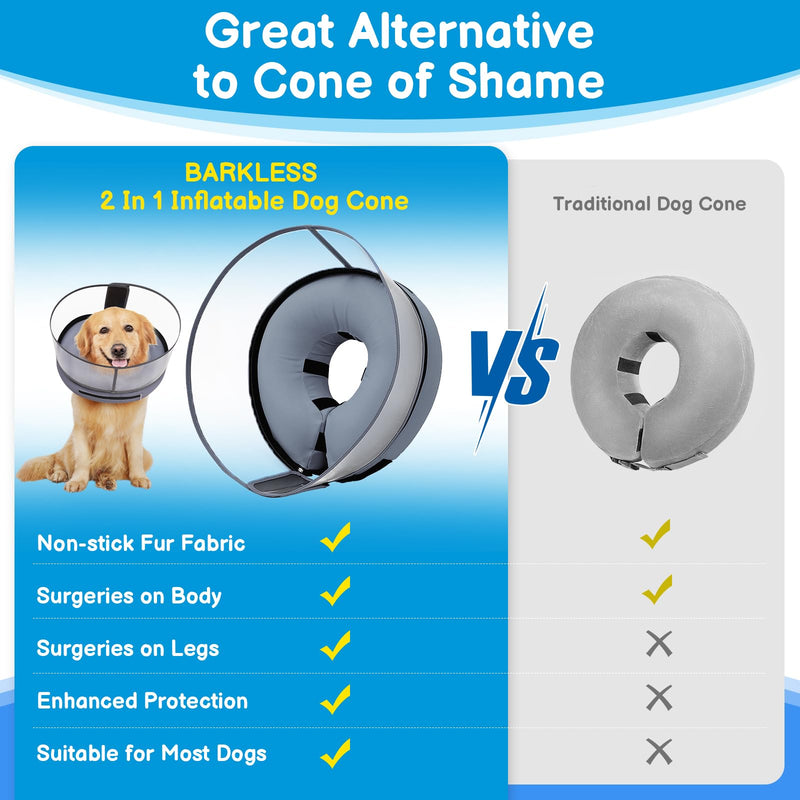 BARKLESS Donut Cone for Large Dogs, Protective Collar After Surgery to Stop Licking, Blow up Dog Surgery Collar with Transparent Shield, Inflatable Pillow Cone for Labrador, Rottweiler Grey L