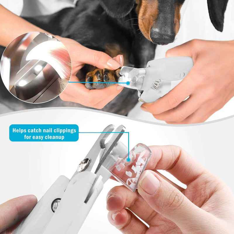 Pet Nail Clipper with LED Light for Dogs & Cats, Rechargeable Nails & Claws Trimmer Grooming, Safe Professional Trimming Tool with Nail Trapper & Free Nail File, Quick-Sensor Razor Sharp Blades White With Led Light - PawsPlanet Australia