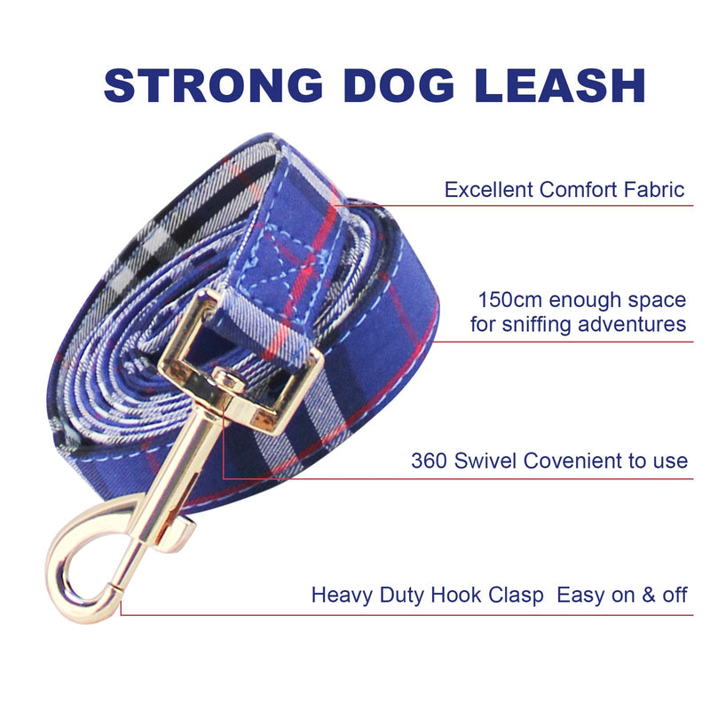 Cute Plaid Dog Collar Harness and Leash with Safety Buckle - Adjustable and No Pull Comfortable Dog Collars for Small Puppy, Stylish Durable Gift for Boy Girl Pets S blue-02