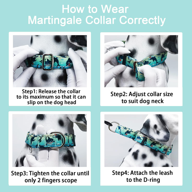 Reflective Martingale Collar for Dogs Nylon Training Collar with No Buckle, No Pull Boy Male Dog Collar for Medium Dogs（Green Shark，M） Green Shark