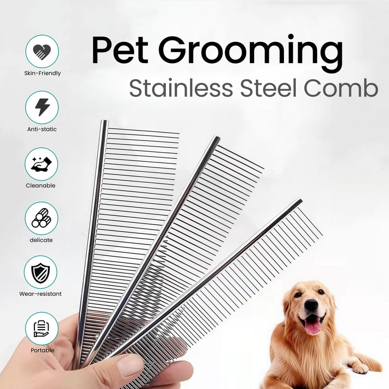 [3 Pack] Stainless Steel Pet Comb Set – Grooming Combs for Dogs & Cats, Large Medium Small Sizes – for Long, Short, Curly Hair, Detangling Matted or Knotted Undercoat Hair - PawsPlanet Australia