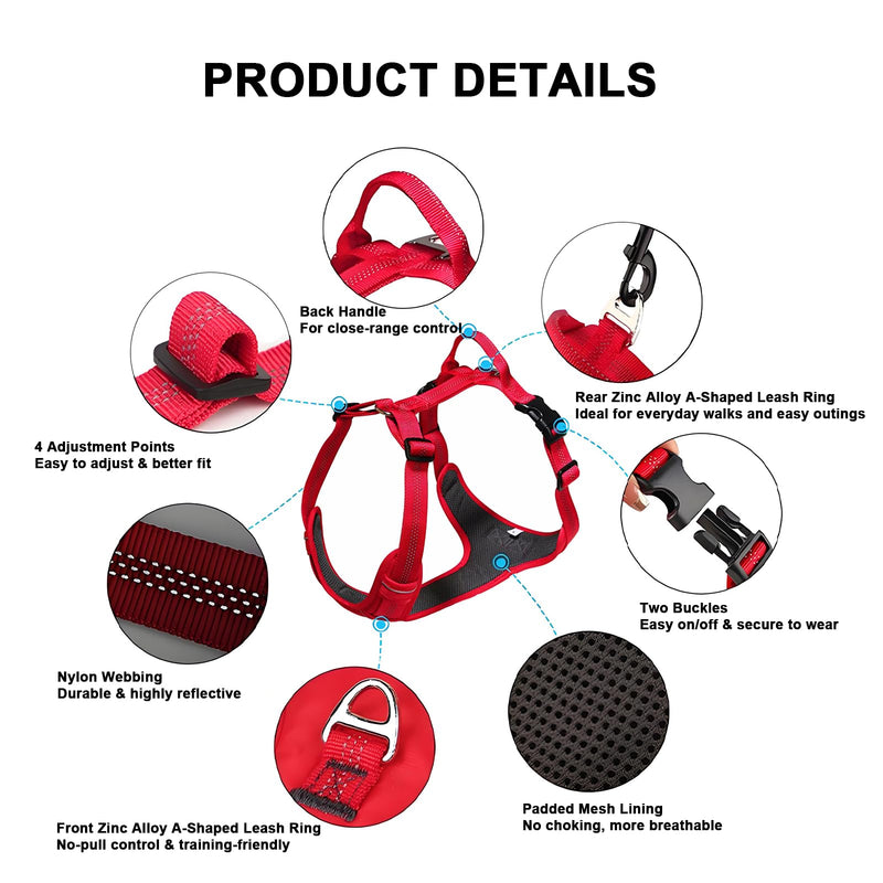No Pull Dog Harness for Large Dogs, Adjustable, Reflective Breathable Padded Vest with 2 Metal Leash Clips and Handle for Control or Car Seatbelt Use, Red, L - PawsPlanet Australia