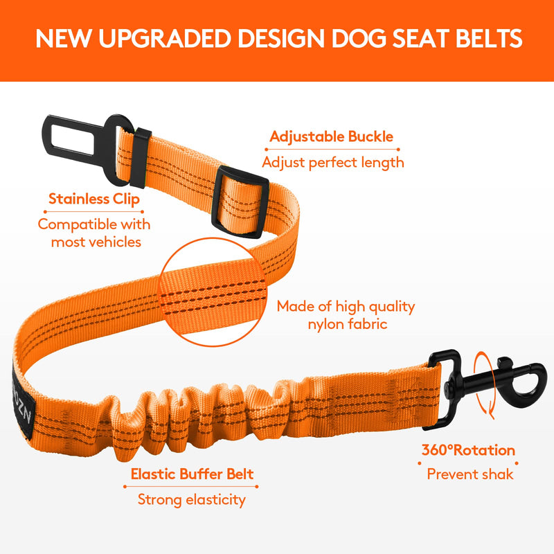 Nzonpet Dog Seat Belt, Retractable Dog Car Seatbelts, Safety Dog Seat Car Harness for Car Travel, Reflective Heavy Duty Pet Seat Belts w/Stainless Hook and Elastic Bungee Buffer-Orange Orange - PawsPlanet Australia