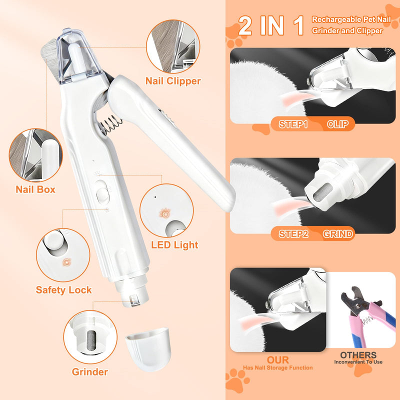 2-in-1 Dog Nail Grinder & Cat Nail Clippers Trimmers for Large Medium Small Dogs Cats Claw Trimmer Quick Sensor with 2 LED Lights Safety Guard USB Rechargeable Dogs Nail Trimmer (White) White - PawsPlanet Australia