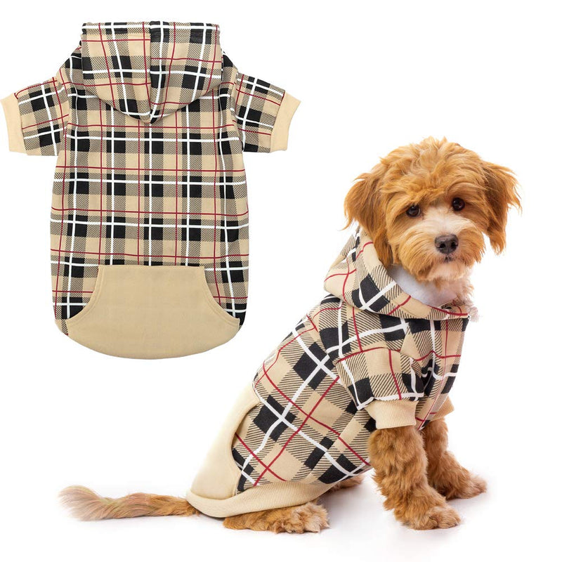 EXPAWLORER Plaid Dog Hoodie - British Style Soft and Warm Dog Sweater with Leash Hole, Hooded Cold Weather Clothes, Dog Sweatshirt, Outfits, Winter Coat for Small Medium Large Dogs Beige