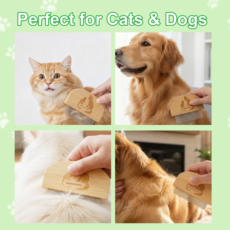 Pet Grooming Combs for Dogs Cats, 2 Pack Bamboo Combs with Wide Fine Teeth for Shedding, Detangling, Flea Removal and Daily Care Two Size