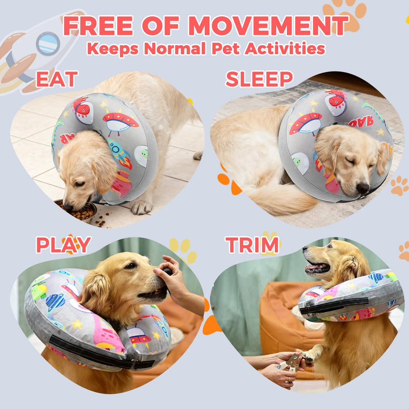 PAWCHIE Inflatable Dog Cone Collar Alternative, Soft Dog Cone for Medium to Large Dogs After Surgery, Adjustable Neck Recovery E-Collars Donut Collar with Cute Dinosaur Prints, Grey L L(Neck:16"-18")