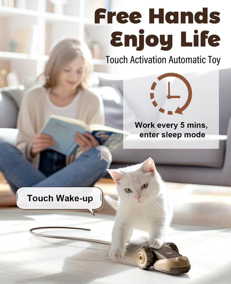 3-in-1 Interactive Cat Toy - 2-Speed Automatic Moving Mouse Cat Toys Self Play with 2pcs Hanging Feather String Ribbon and Wiggly Silicone Mice Tail for Bored Indoor Adult Cats Kittens Brown - PawsPlanet Australia