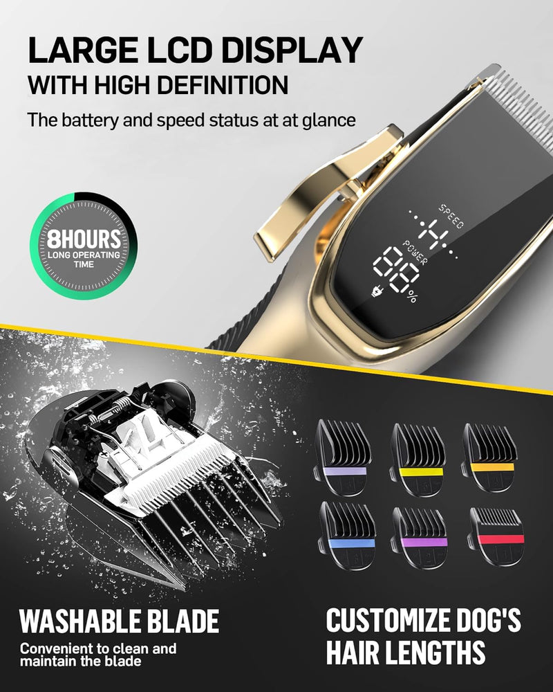 Dog Grooming Kit Low Noise?Cordless 4 in 1 Dog Clippers for Grooming Rechargeable Pet Cat Trimmer with 2 Speed,6 Guards,Scissors,Comb for Small Medium Large Pets Dogs Cats Thick Hair Cutting(Gold) Gold