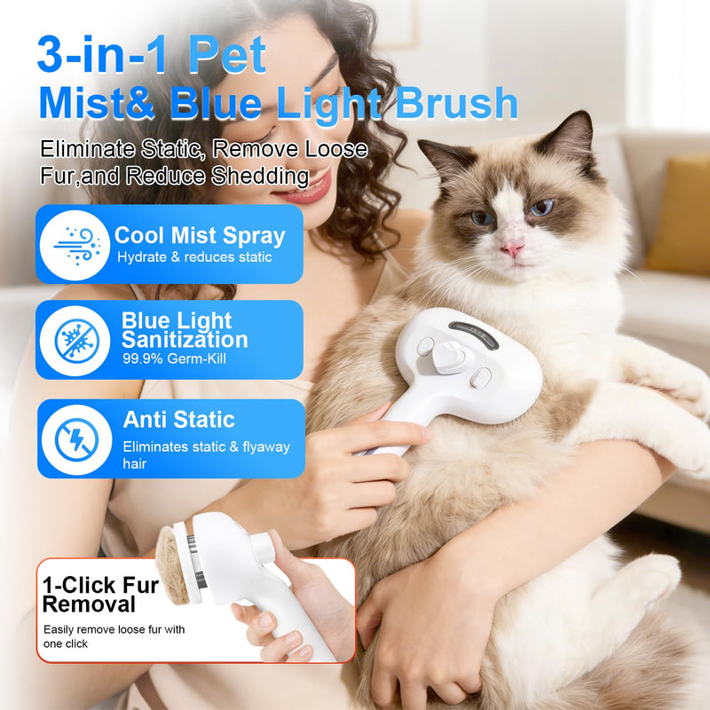Pet Steam Brush for Dog & Cat - 4-in-1 Blue Light Steam Grooming Brush for Shedding & Hair Removal - Self Cleaning Spray Comb with Mist for Long Haired Pets - Includes 1*Waterless Shampoo, White.