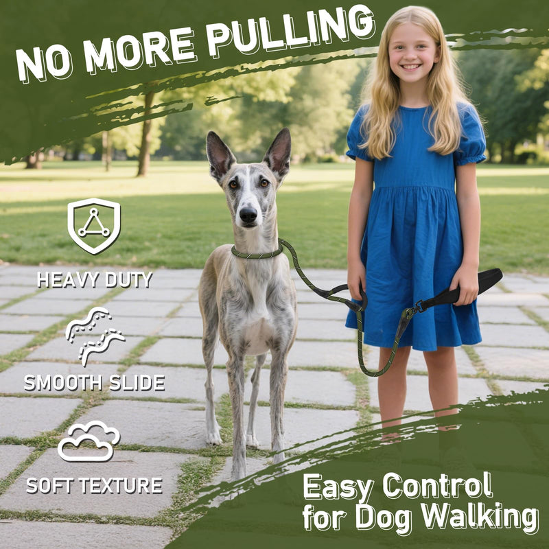 Slip Lead for Dogs, No Pull Training Leash with Double Comfortable Handles and Collar Attachment, Highly Reflective Strong Puppy Rope Leads for Medium Large Dog, Armygreen 13mm*1.8m