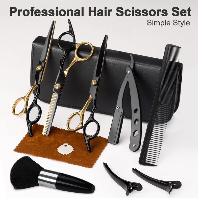 Hair Scissors,11Pcs Professional Black Gold Hair Cutting,Stainless Steel Barber Supplies,Straight, Thinning Shears, Multi Use Haircut Sets for Home Salon Barber - PawsPlanet Australia