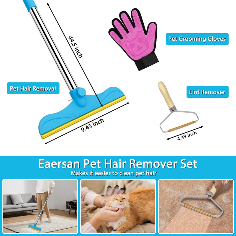 3 in 1 Carpet Rake Kit for Pet Hair Removal Tool - 45” Adjustable Long Handle Pet Hair Remover, Reusable Carpet Scraper Dog Cat Deep Hair Cleaner Remover Tool for Rugs, Mats, Couch, Furniture 45inch Blue - PawsPlanet Australia