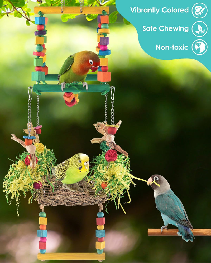 Bird Hammock Toys Parakeet Perches Swing, 3in1 Detachable Parrot Cage Accessories, Wooden Hanging Chew Toys for Small to Large Conure Cockatiel Quaker African Grey - PawsPlanet Australia