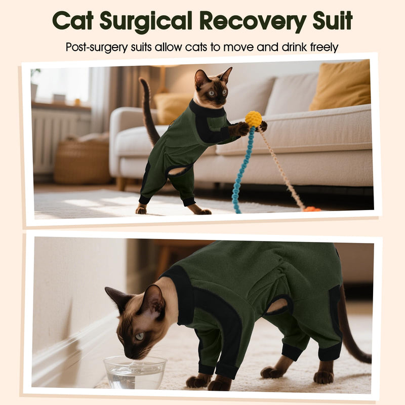 DENTRUN Cat Clothes with Anti-Shedding Fabric - Soft Recovery Suit & Breathable Lint-Resistant Cat Sweater for Wound Care & Hair Control, Kitten Onesie Pajamas, XXL, Army Green XX-Large - PawsPlanet Australia