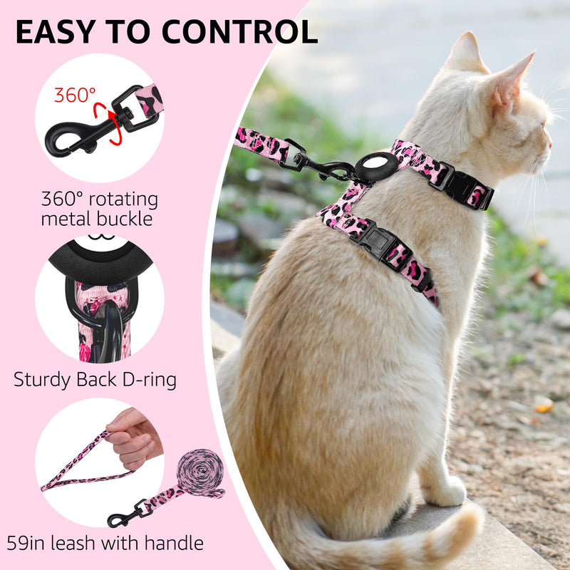 SCENEREAL Adjustable Cat Harness and Leash Set with AirTag Holder, Escape-Proof Design for Small to Large Cats, Lightweight Soft Travel Harness, Pink Leopard - PawsPlanet Australia