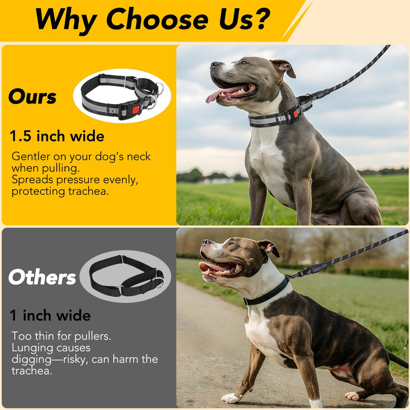 Mayerzon 1.5" Wide Reflective Martingale Collar for Large Dogs, Patented No Pull Heavy Duty Walking Training Dog Collar for Pitbulls German Shepherds, with Buckle, 2 D-Rings, Adjustable (Black, L) Black L: 16.5" - 20.75" - PawsPlanet Australia