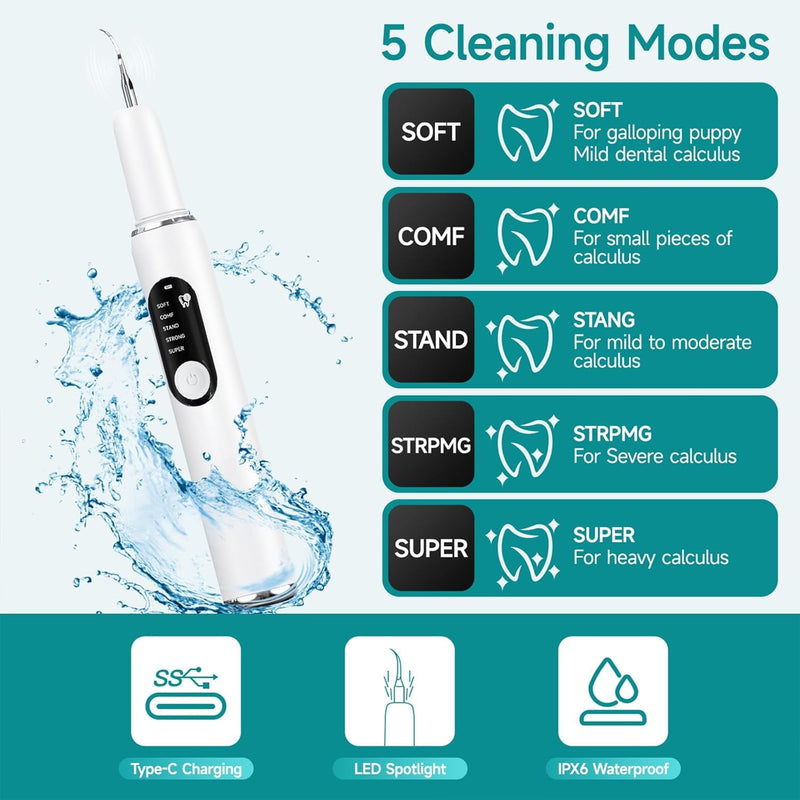 Dog Teeth Cleaning Kit Dog Plaque and Tartar Remover with LED Light 5 Adjustable Modes Electric Toothbrush Pet Teeth Cleaner for Dogs and Cats (Off-White) Off-white