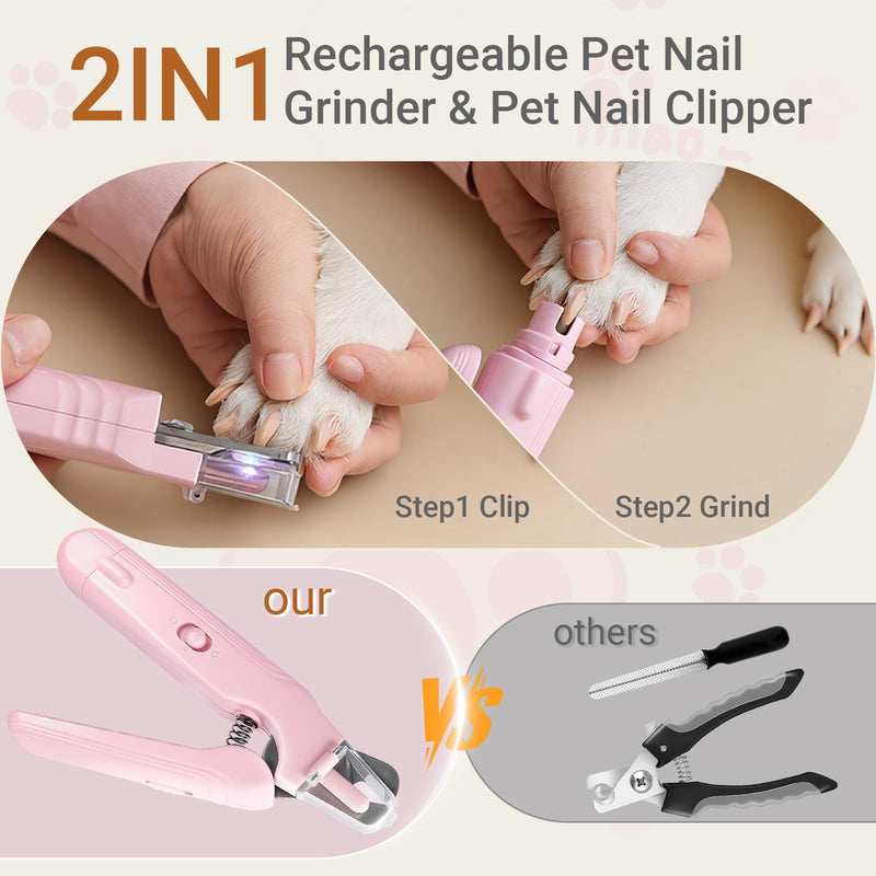 2 in 1 Dog & Cat Nail Clippers Grinder with Lights, Quick Sensor Safety Guard & Ultra-Quiet USB Rechargeable Cat & Dog Nail Trimmers for Pets Nail Grinder with 2 Bells for Women(Pink) - PawsPlanet Australia