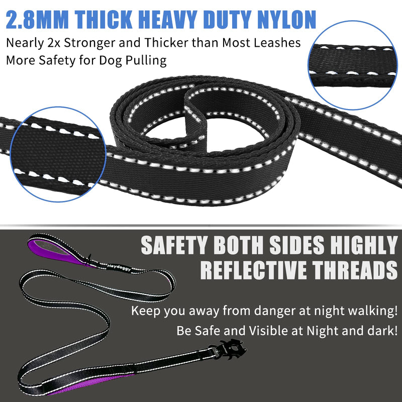 Strong Heavy Duty Dog Leash - 6ft Reflective Nylon Training Leash with Soft Padded Double Handle & Auto Lock Frog Clip - Safety Traffic Control for Large Medium Small Dogs No Pull Walk BlackPurple,6ft 6FT x 1" x 2.8MM Black Purple - PawsPlanet Australia