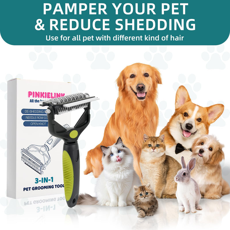 3-IN-1 Pet Grooming Tool - Undercoat Rake, Dematting Comb & Deshedding Brush for Cats & Dogs - Removes Mats, Tangles & Loose Fur, Reduces Shedding & Prevents Hair Mess (Green) Green - PawsPlanet Australia