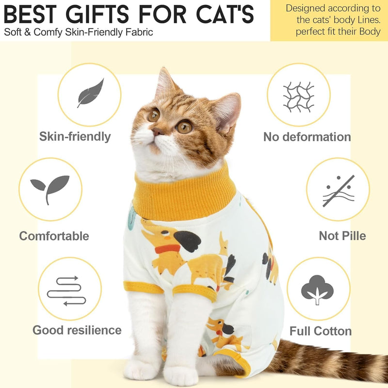 DENTRUN Cat Surgery Recovery Suit Female Male Soft Onesie, Kitten Surgical Collar Cone Alternative Shirt, Abdominal Wounds Anti-Licking Pajama for Small Pets Spay, Cat Body Suit Post Surgery M Yellow Puppy