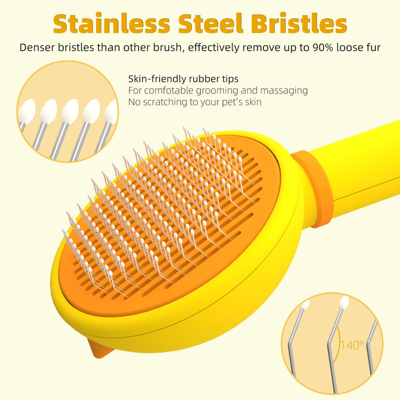 Cat Brush for Shedding, Self-Cleaning Slicker Brush for Indoor Cats, Gently Remove Loose Fur, Pet Grooming Massage Deshedding Tool, Suits Long & Short Haried Cats and Dogs Yellow+Orange