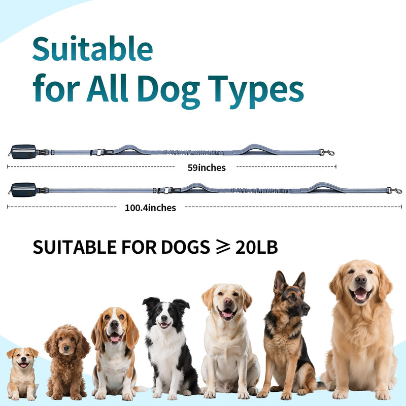 Hands Free Dog Leash with Removable Zipper Pouch, Dual Padded Handles and Durable Bungee for Walking, Jogging and Running-Navy Blue Navy Blue - PawsPlanet Australia