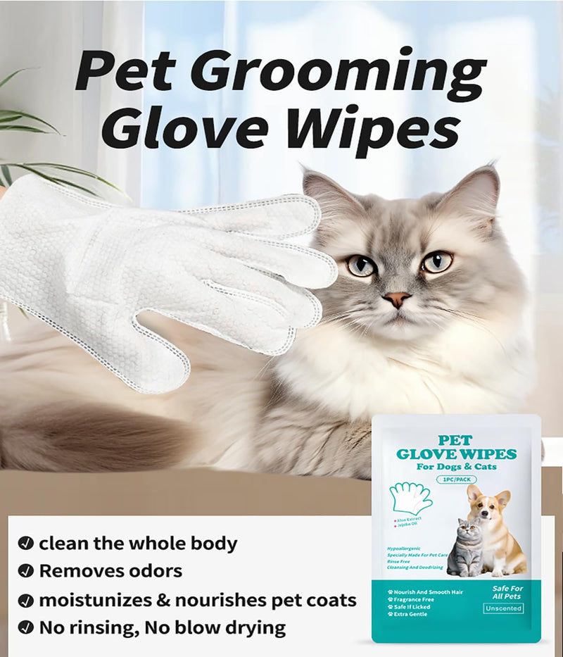 AQUASAFE Pet Bath & Cleaning Gloves for Allergy Prevention & Deodorizing | Thick, Moisturizing Wipes with Aloe & Vitamin E | No Rinse Needed for Daily Care, Travel, Grooming (6PCS) 6PCS - PawsPlanet Australia