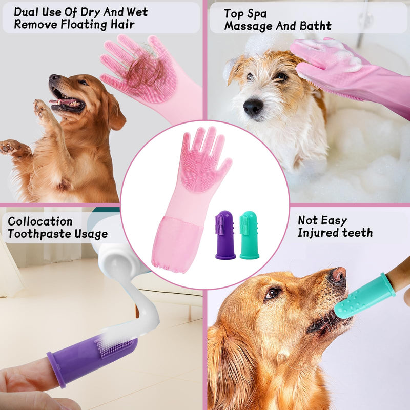 Dog Washing Gloves Finger Toothbrush,2-in-1 Pet Shower Set,Dog Bath Gloves with Extended Length,Comfortable Pet Washing Gloves for Gentle Bathing Efficient, Multifunctional Silicone(Pink) - PawsPlanet Australia