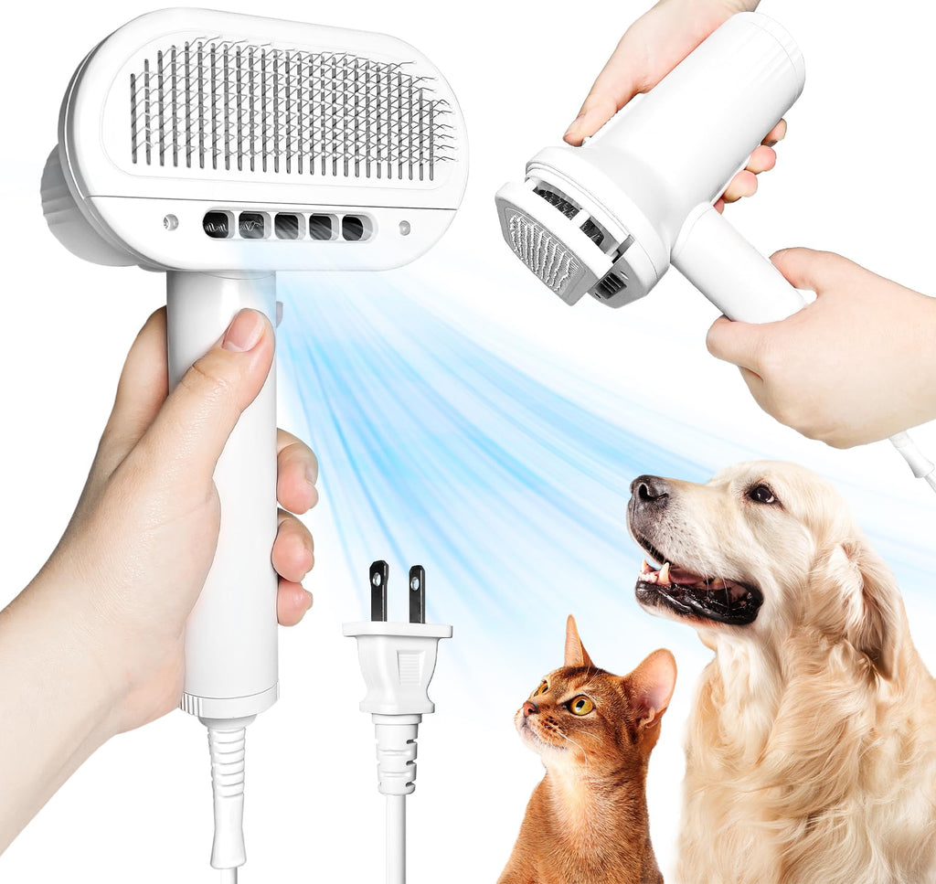 2-in-1 Pet Dryer and Brush- Overheating Protection, 3 Blowing Modes, Low Noise- Ideal Dog Dryer for Pet Grooming, Small and Medium Dogs/Cats- Slim Handle- Dog Blow Dryer (White) White - PawsPlanet Australia
