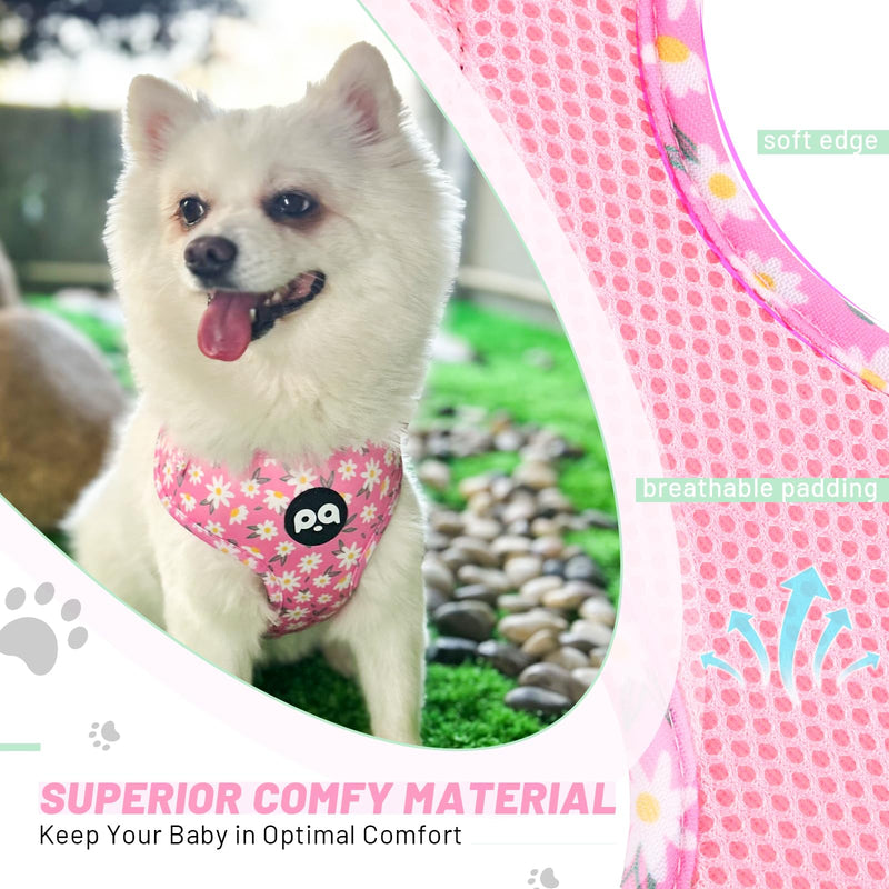 QQPETS Dog Harness Collar Leash with Poop Bag Holder 4 PCS Set, Adjustable No Pull Soft Mesh Padded Vest for Small Medium Large Pet Puppy Outdoor Walking (Daisy Pink, M (Chest 17”-24”)) M (Chest 17”-24”) Daisy Pink - PawsPlanet Australia