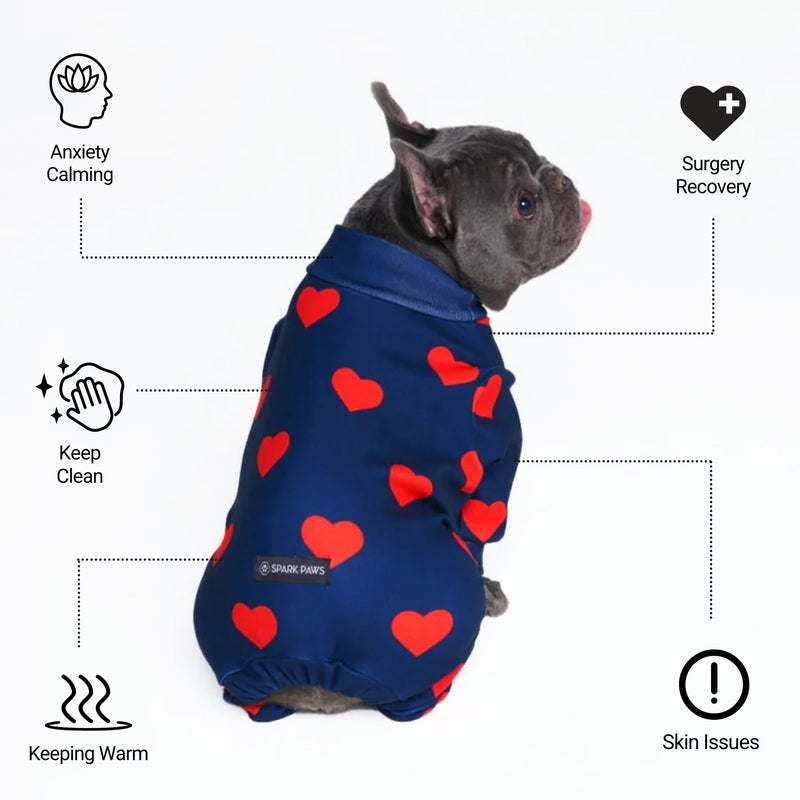 Spark Paws Dog Pajama, Dog Recovery Suit Male, Onesie, Ultra-Soft and 4-Way Stretch, for Small Medium and Large Breeds - Hearts - 2XL 2XL: 35-55lbs - PawsPlanet Australia