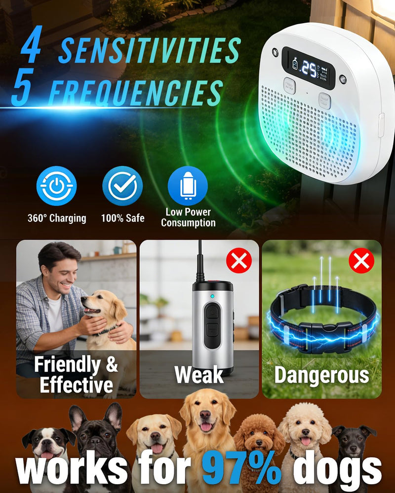 Dog Barking Control Devices, Anti Barking Device for Dogs with Remote Control, Ultrasonic & Sensor Technology, Rechargeable, Waterproof, Adjustable Modes & Frequencies, Bark Box Indoor Outdoor(White)